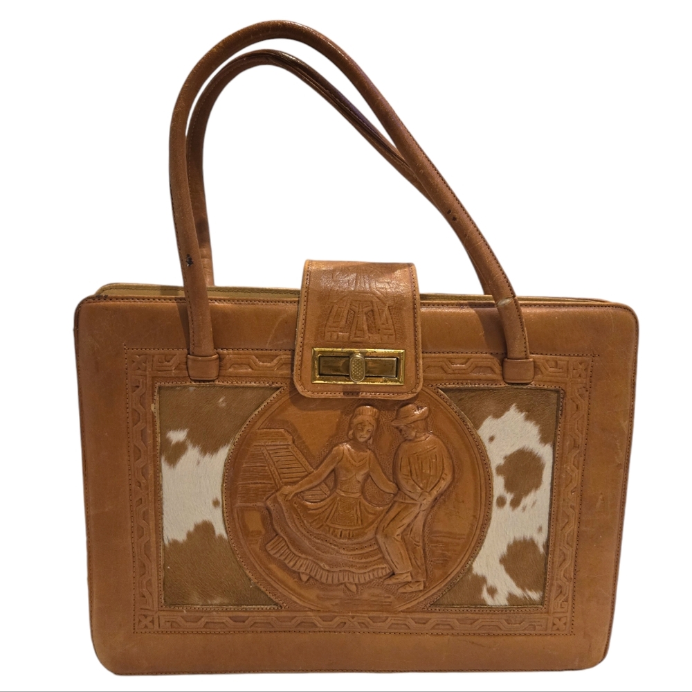 Vintage Mexican Hand Tooled Leather Purse Handbag Cowhide Western 1970s